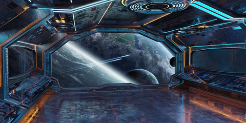 Grunge Spaceship interior with view on planet Earth 3D rendering