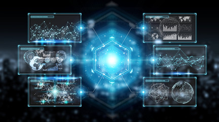 Digital screens interface with holograms datas 3D rendering