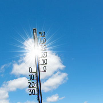 Thermometer, 30 Grad, Himmel und Sonne