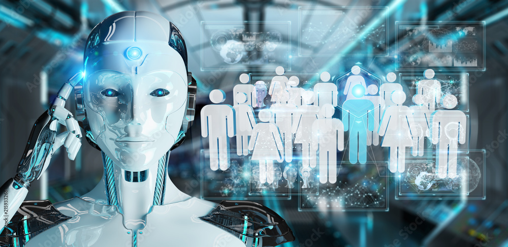 Aufkleber white cyborg controlling group of people 3d rendering