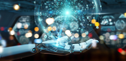 White humanoid hand using digital global network 3D rendering