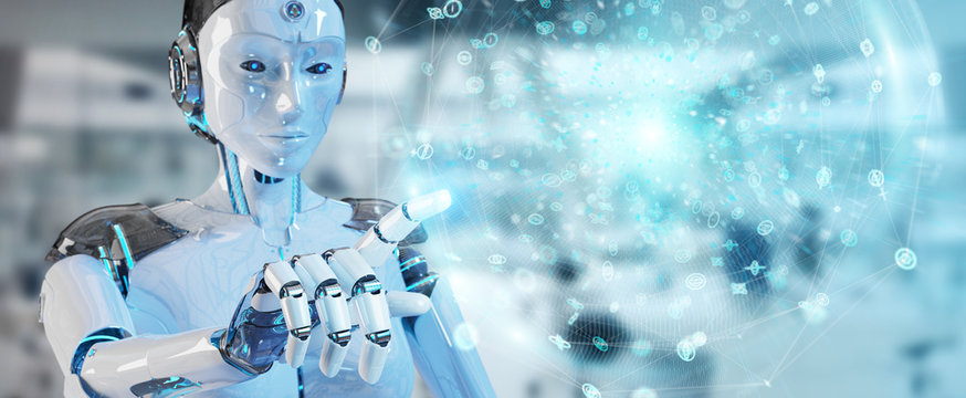White woman humanoid using digital global network 3D rendering