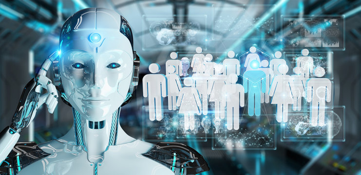 White cyborg controlling group of people 3D rendering