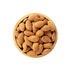 Dry almonds in wooden bowl on white background