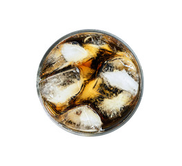 Glass of cola with ice on white background