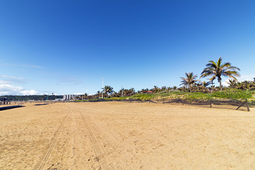 Empty Beach with Tire Tracks against Blue Sky