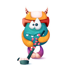 Funny, cute cartoon monster characters. Hockey illustration. Vector eps 10