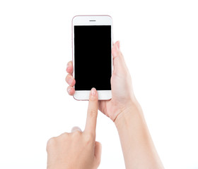 Concept of woman's hand holding a smartphone and pointing with figer isolated on white background, clipping path, blank for webpage or message.