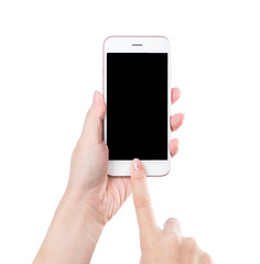 Concept of woman's hand holding a smartphone and pointing with figer isolated on white background, clipping path, blank for webpage or message.