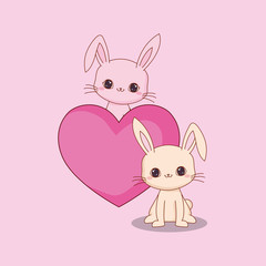 kawaii rabbits and heart over pink background, colorful design. vector illustration