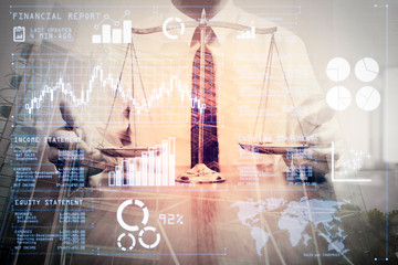 justice and law concept.Male lawyer in the office with brass scale on wooden table with london city background,double exposure