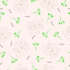 Whimsical leaves and twigs shapes handcrafted in greens seamless vector illustration pattern for baby/children fabric, clothes/accessories, background, textile, wrapping paper and other decoration.