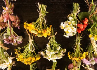 The small bouquets of wildflowers on the background of the black wooden table, floristic composition