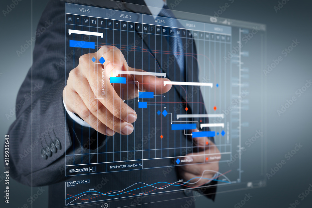 Poster businessman pressing an imaginary button on virtual screen