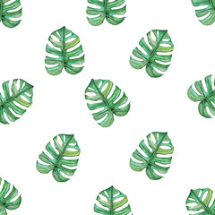 Watercolor pattern with tropical leaves isolated on white background.