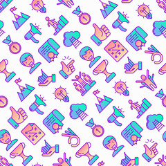 Success seamless pattern with thin line icons: trophy, idea, mountain peak, career, bullhorn, strategy, ladder, winner, medal, award, good choice, easy, certificate. Modern vector illustration.