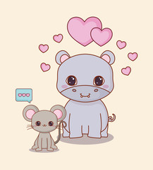 kawaii mouse and hippopotamus over white background, colorful design. vector illustration