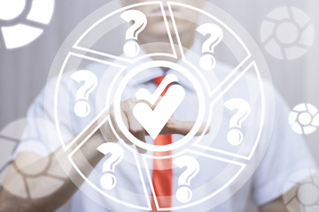 Businessman clicks a checkmarks surrounded by question marks. Business Compliance Success concept....