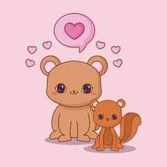 kawaii bear and squirrel with hearts over pink background, colorful design. vector illustration