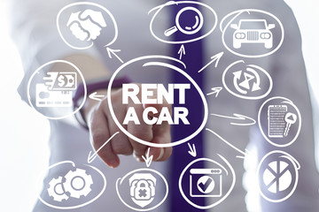 Business woman clicks a rent a car words button on a virtual panel. Rent a car business auto sharing concept. Rental transportation.