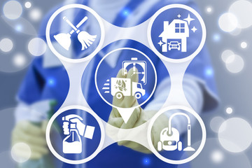 Cleaner woman in uniform clicks a moving car with clock button on a virtual panel. Fast cleaning service industry. Professional Quality Cleanup Company.
