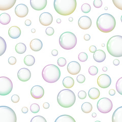 Seamless pattern background with shiny soap bubbles. Freshness and purity. Vector illustration.