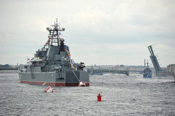 preparation for the naval parade in St. Petersburg on the Neva river