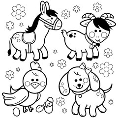 Naklejka premium Farm animals. A donkey, a dog, a goat and chicken. Vector black and white coloring page 