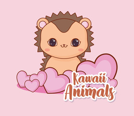 kawaii porcupine and hearts over pink background, colorful design. vector illustration