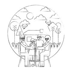 grandparents sitting in chairs and childrens garden house