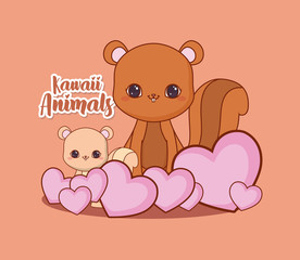 kawaii squirrels and hearts over orange background, colorful design. vector illustration