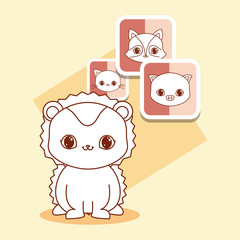 lion and Kawaii animals over yellow  background, colorful design. vector illustration