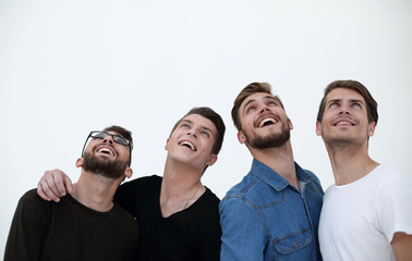 portrait of many men smiling and looking upwards