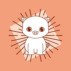 kawaii pig icon ande decorative sunburst over orange background, colorful line design. vector illustration