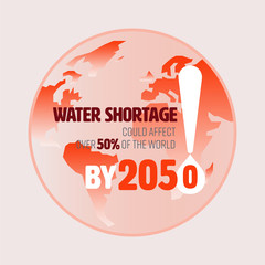 Typographic design with drop icon and exclamation mark as gimmicks on globe background. Pay attention to global water shortage concept. Vector illustration.  