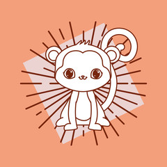 kawaii monkey icon and decorative sunburst over orange background, colorful line design. vector illustration