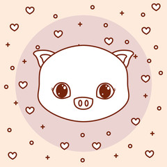 kawaii pig icon and hearts around over background, colorful line design. vector illustration