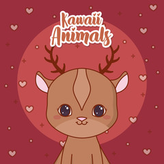 Kawaii deer icon and decorative hearts around over red background, colorful design. vector illustration