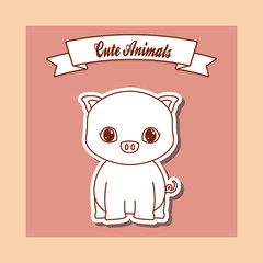 cute animals emblem with decorative ribbon and pig icon. colorful design. vector illustration