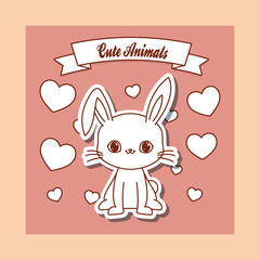 cute animals emblem with decorative ribbon and rabbit icon. colorful design. vector illustration