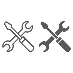 Screwdriver and wrench line and glyph icon, settings and repair, service sign, vector graphics, a linear pattern on a white background, eps 10.