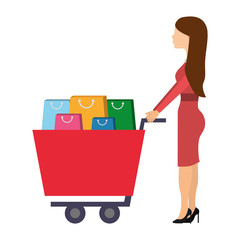 woman with shopping cart full paper bags