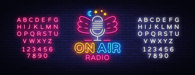 On Air Radio Neon Logo Vector. Radio neon sign, design template, modern trend design, night neon signboard, night bright advertising, light banner. Vector illustration. Editing text neon sign