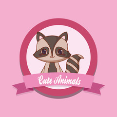 cute animals emblem with decorative ribbon and raccoon icon. colorful design. vector illustration
