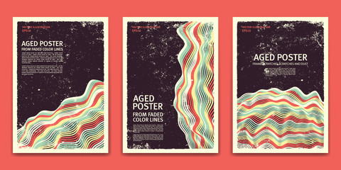 Minimal cover design. Old shabby poster with scratches and scratches, abstract colored stripes, set of vector illustrations.
