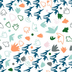 Vector floral seamless pattern with hand drawn scilla or snowdrop flowers and leaves. Modern decorative background in pastel colors.