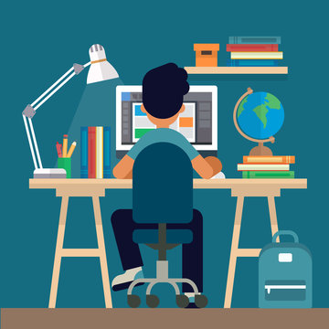 Student sitting at the desk, learning with computer. Concept illustration in flat style, online learning, education, office work, school or university