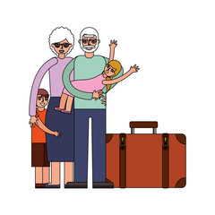 grandparents and grandchild with travel suitcase