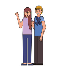 young couple standing hugging characters