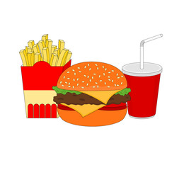 Isolated fast food breakfast menu with cheese burger , french fries and soft drink